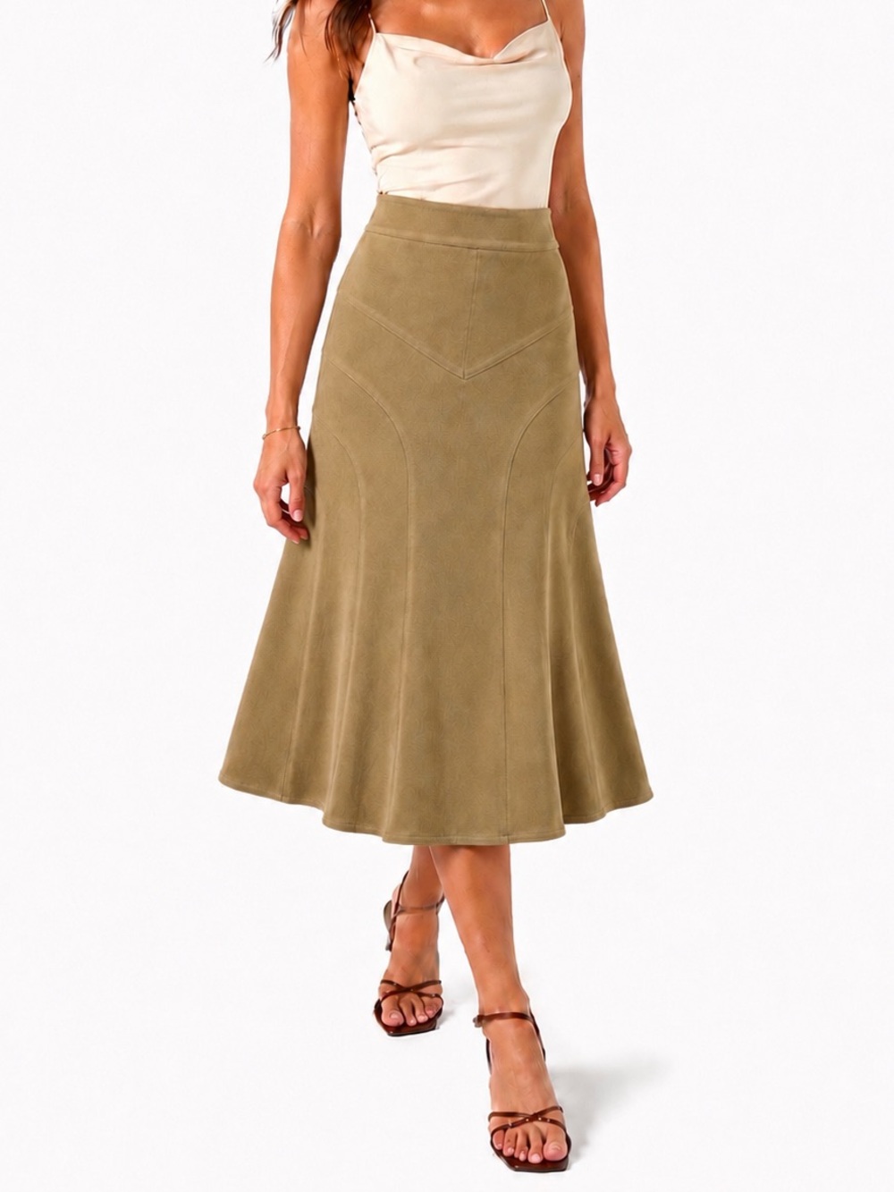 Vintage Classic A-Line Midi Skirt with a Suede-Like Appearance